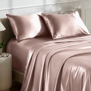 Bare Home Luxury Poly Satin Sheet Set for Hair and Skin, 15” Deep Pockets, Queen, Blush