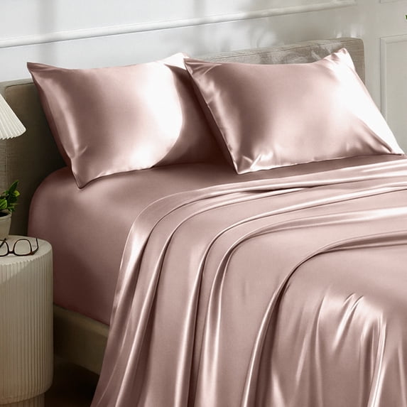 Bare Home Luxury Poly Satin Sheet Set for Hair and Skin, 15β Deep Pockets, Queen, Blush