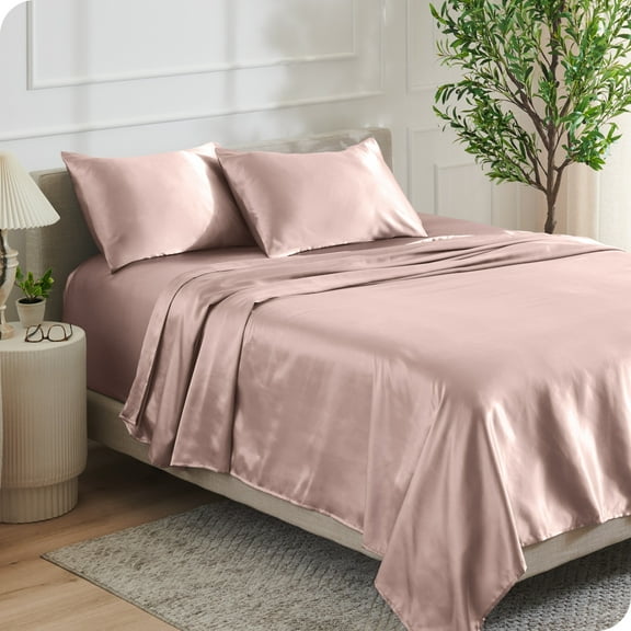 Bare Home Luxury Poly Satin Sheet Set for Hair and Skin, 15” Deep Pockets, Queen, Blush