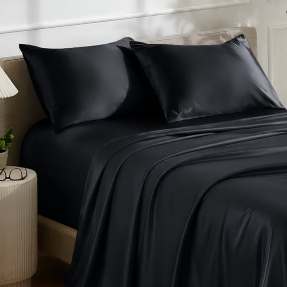 Bare Home Luxury Poly Satin Sheet Set for Hair and Skin, 15” Deep Pockets, Twin, Black