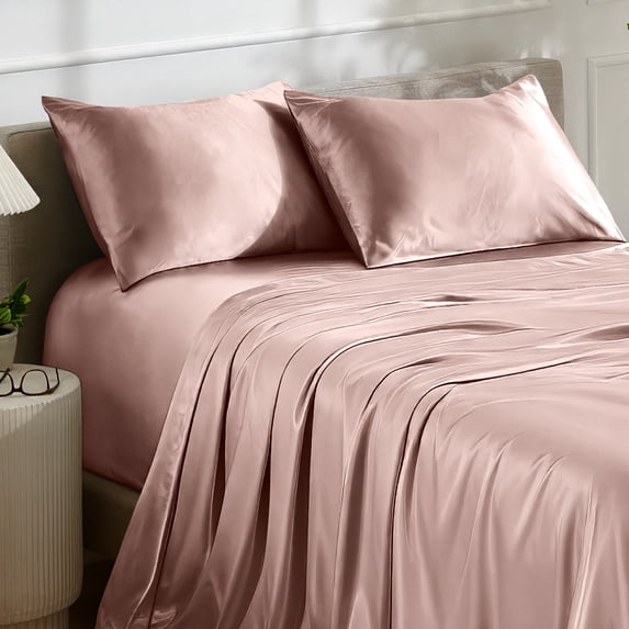 Bare Home Luxury Poly Satin Sheet Set for Hair and Skin, 15” Deep Pockets, Twin, Blush