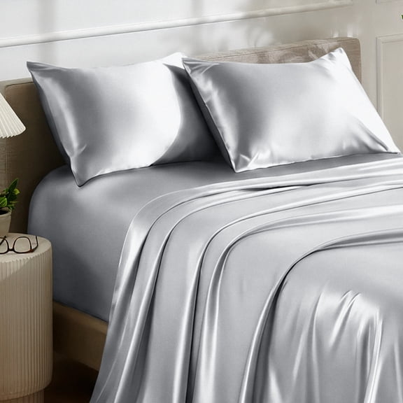 Bare Home Luxury Poly Satin Sheet Set for Hair and Skin, 15” Deep Pockets, Twin, Silver