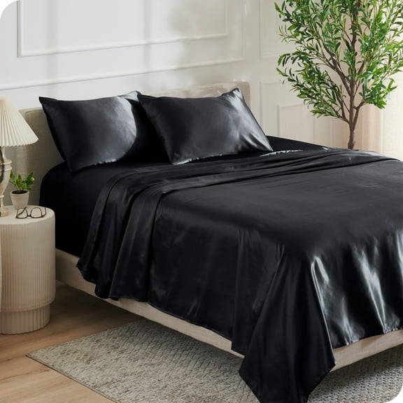 Bare Home Luxury Poly Satin Sheet Set for Hair and Skin, 15” Deep Pockets, Twin XL, Black