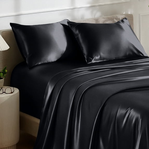 Bare Home Luxury Poly Satin Sheet Set for Hair and Skin, 15” Deep Pockets, Twin XL, Black