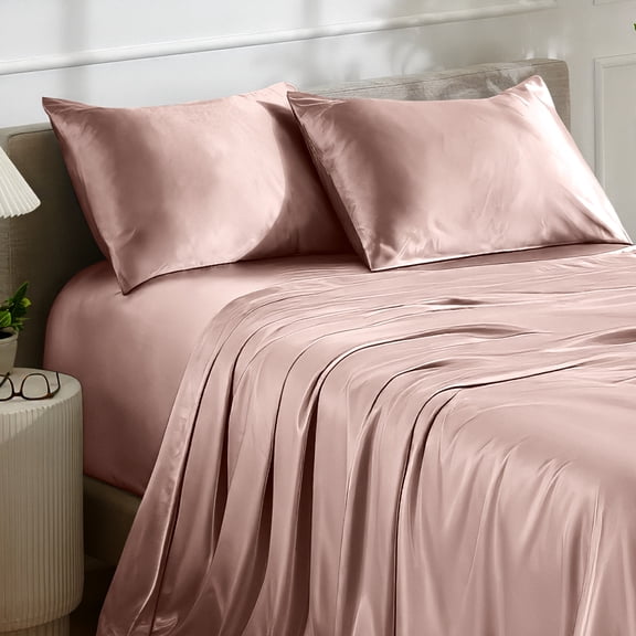 Bare Home Luxury Poly Satin Sheet Set for Hair and Skin, 15” Deep Pockets, Twin XL, Blush