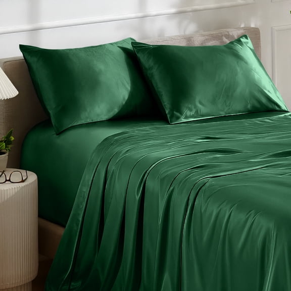 Bare Home Luxury Poly Satin Sheet Set for Hair and Skin, 15” Deep Pockets, Twin XL, Forest Green