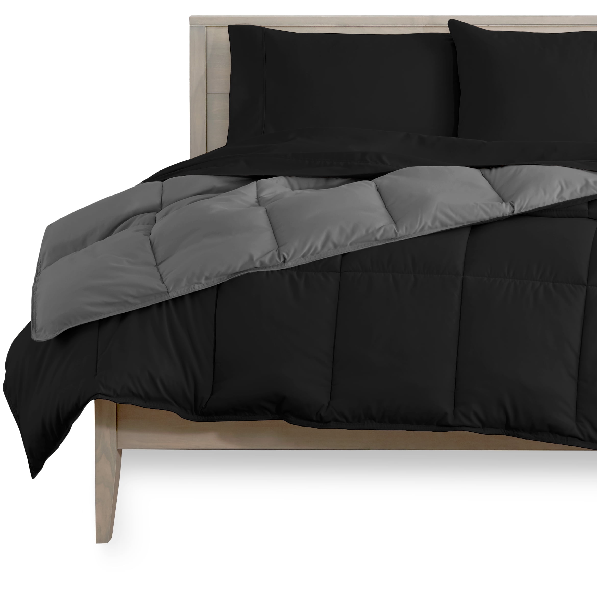 Bare Home Microfiber 4-Piece Black/Gray Comforter, Black Sheet Set Reversible Bed in a Bag, Twin XL