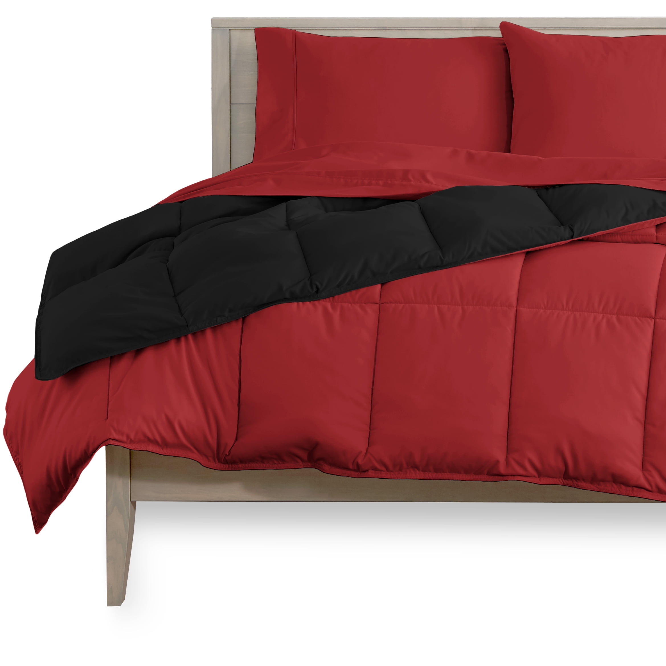 Bare Home Microfiber 4-Piece Black/Red Comforter, Red Sheet Set Reversible Bed in a Bag, Twin