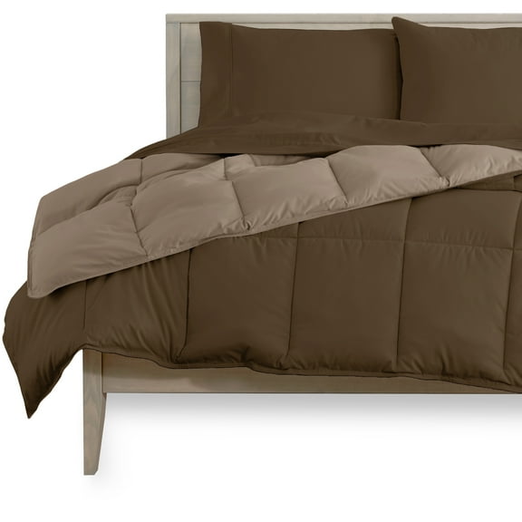 Bare Home Microfiber 4-Piece Cocoa/Taupe Comforter, Cocoa Sheet Set Reversible Bed in a Bag, Twin XL