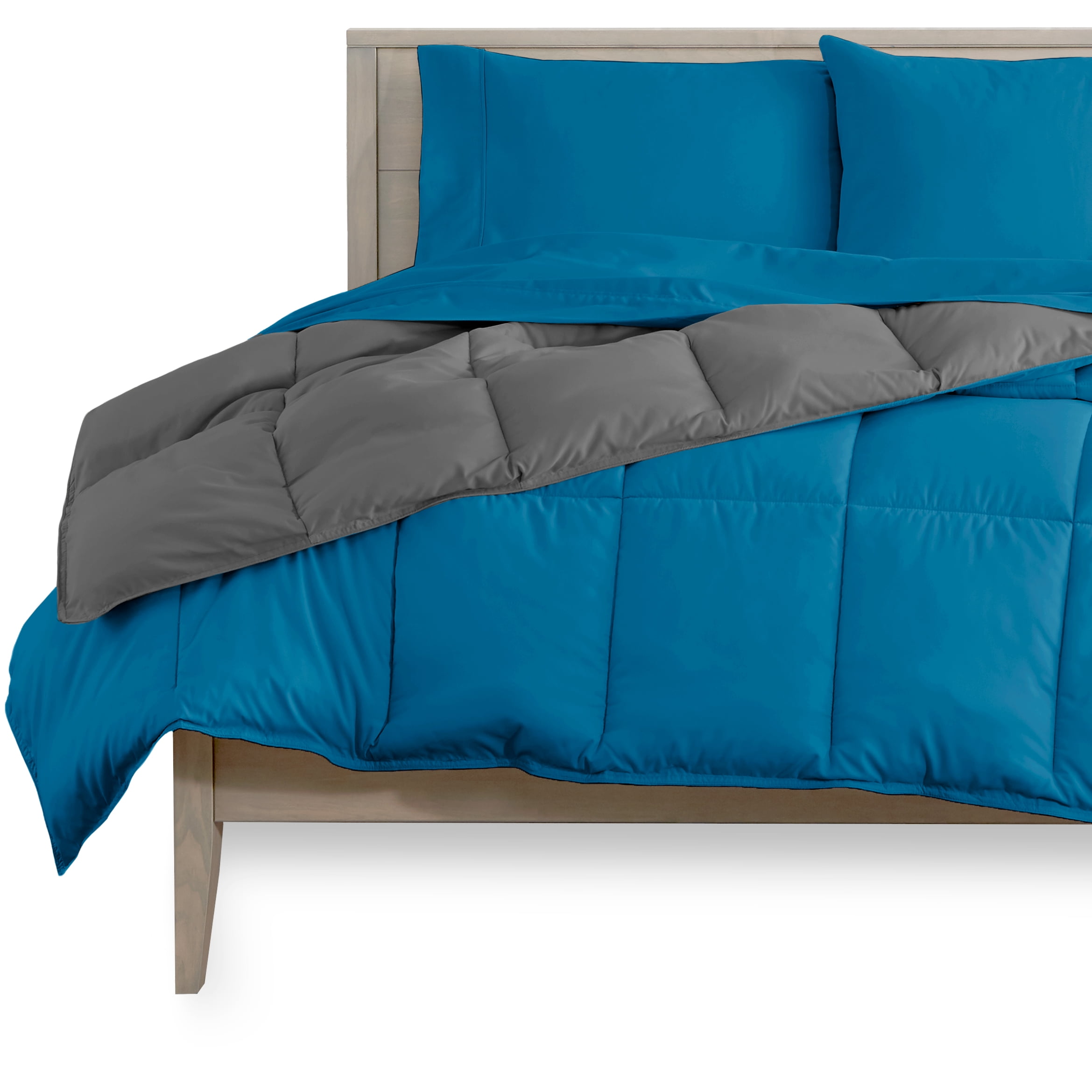 Bare Home Microfiber 4-Piece Medium Blue/Gray Comforter, Medium Blue Sheet Set Reversible Bed in a Bag, Twin XL