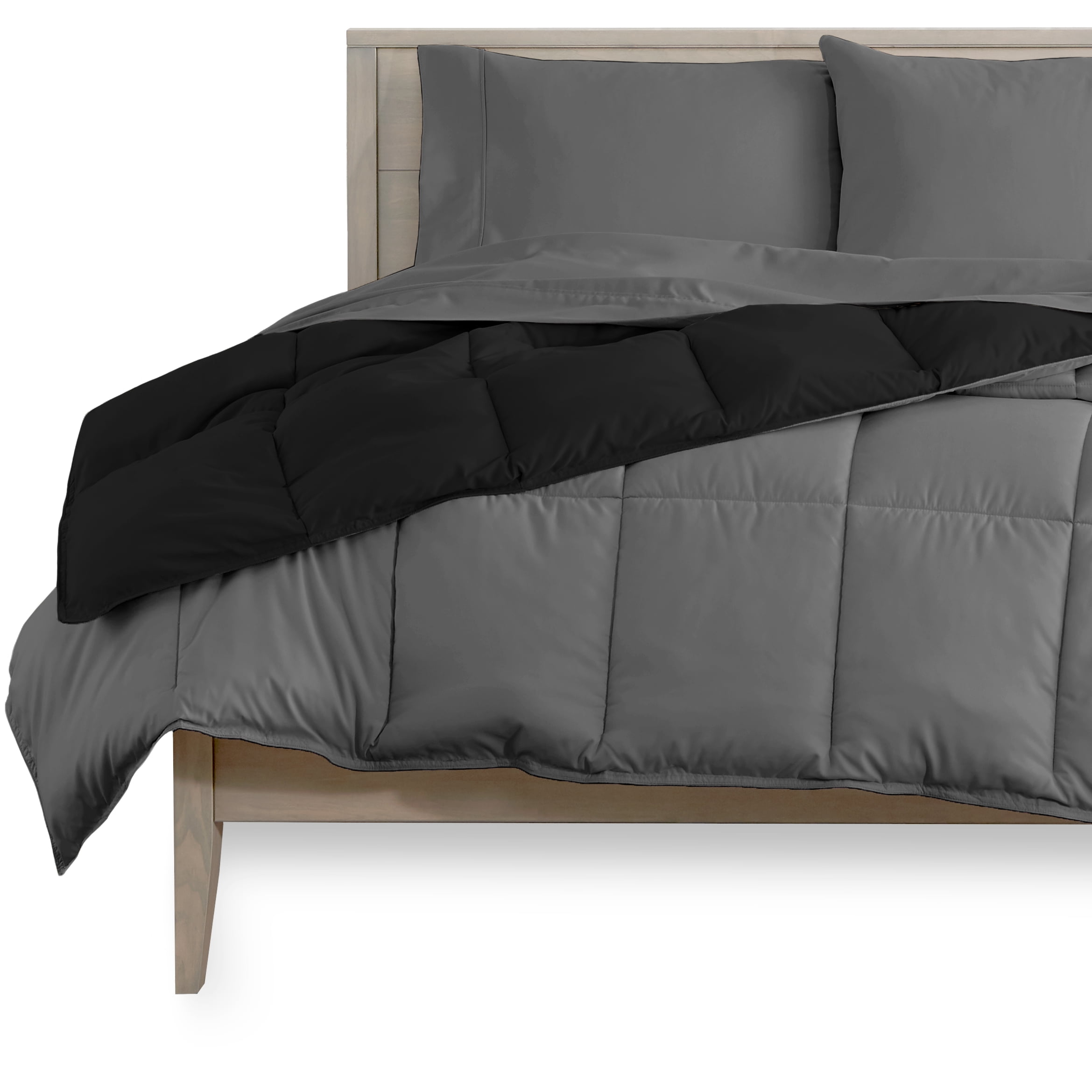 Bare Home Microfiber 5-Piece Black/Gray Comforter, Gray Sheet Set Reversible Bed in a Bag, King