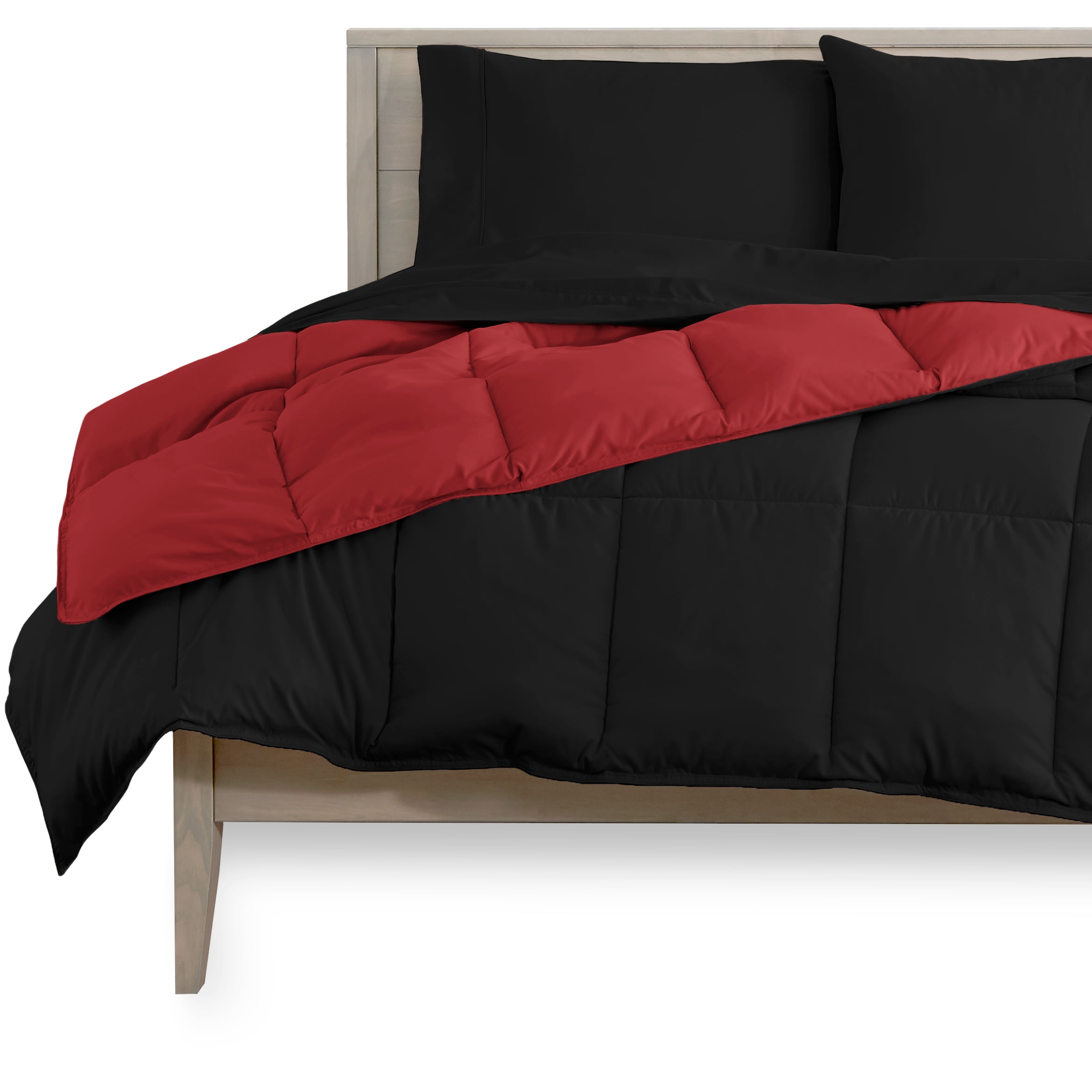 Bare Home Microfiber 5-Piece Black/Red Comforter, Black Sheet Set Reversible Bed in a Bag, Queen