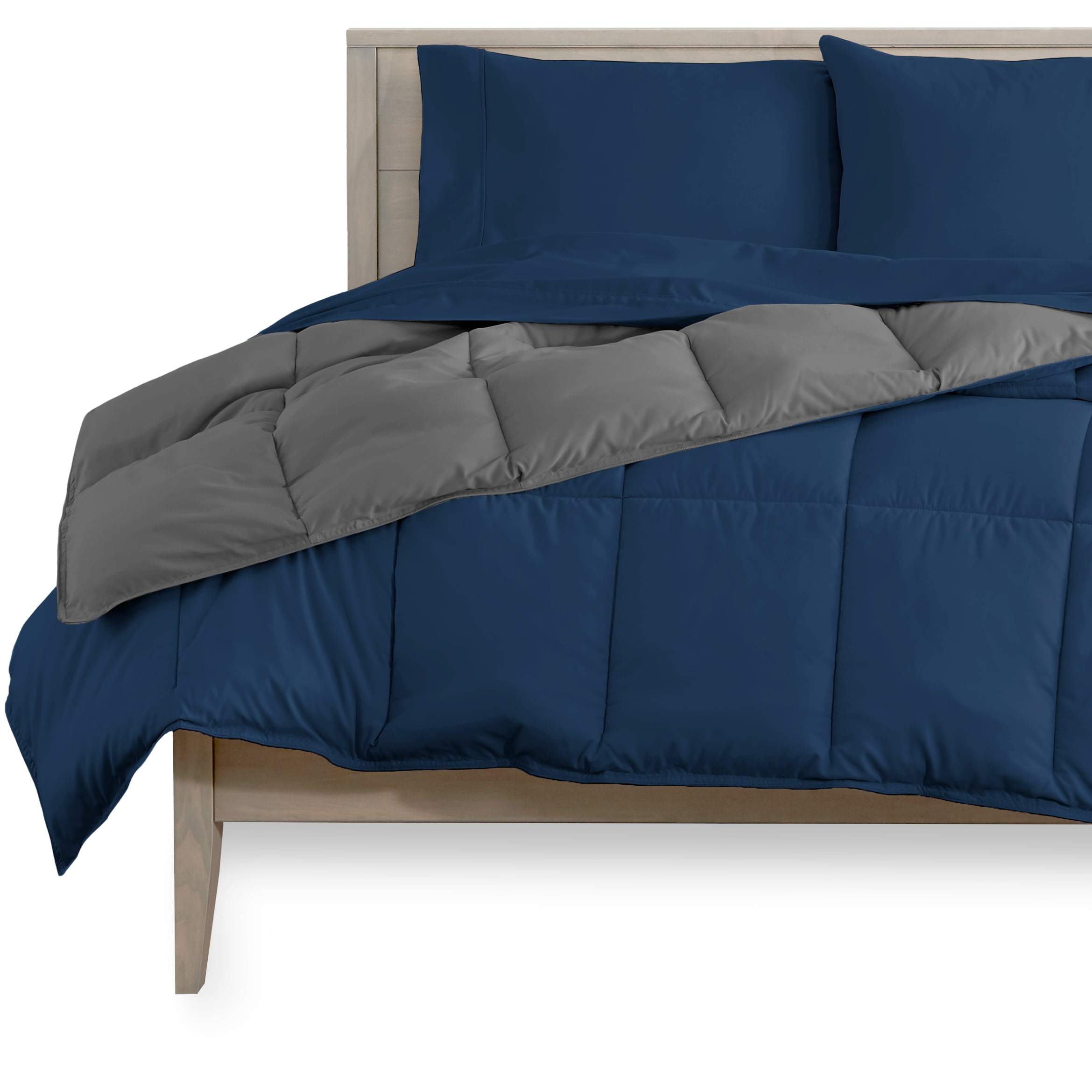 Bare Home Microfiber 5-Piece Dark Blue/Gray Comforter, Dark Blue Sheet Set Reversible Bed in a Bag, King
