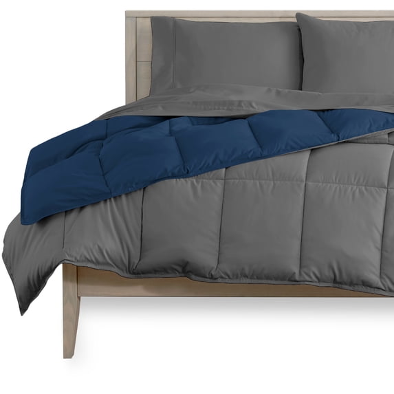 Bare Home Microfiber 5-Piece Dark Blue/Gray Comforter, Gray Sheet Set Reversible Bed in a Bag, Full