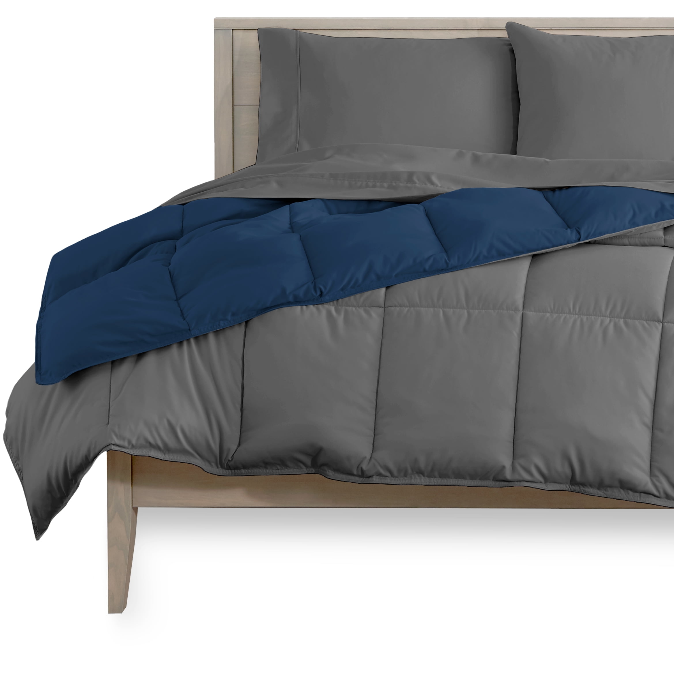 Bare Home Microfiber 5-Piece Dark Blue/Gray Comforter, Gray Sheet Set Reversible Bed in a Bag, Queen