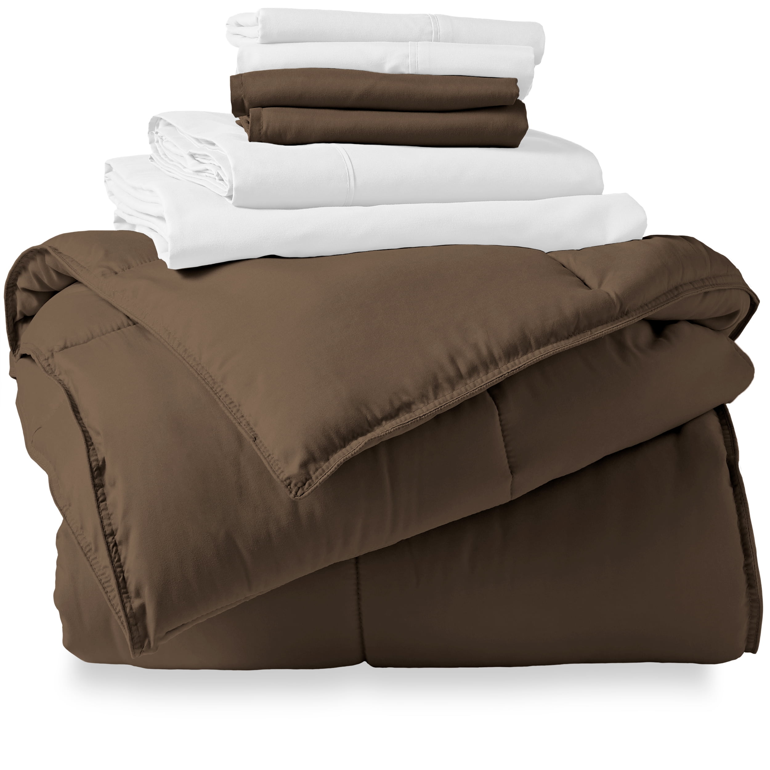 Bare Home Microfiber 7-Piece Cocoa and White Bed in a Bag, Queen