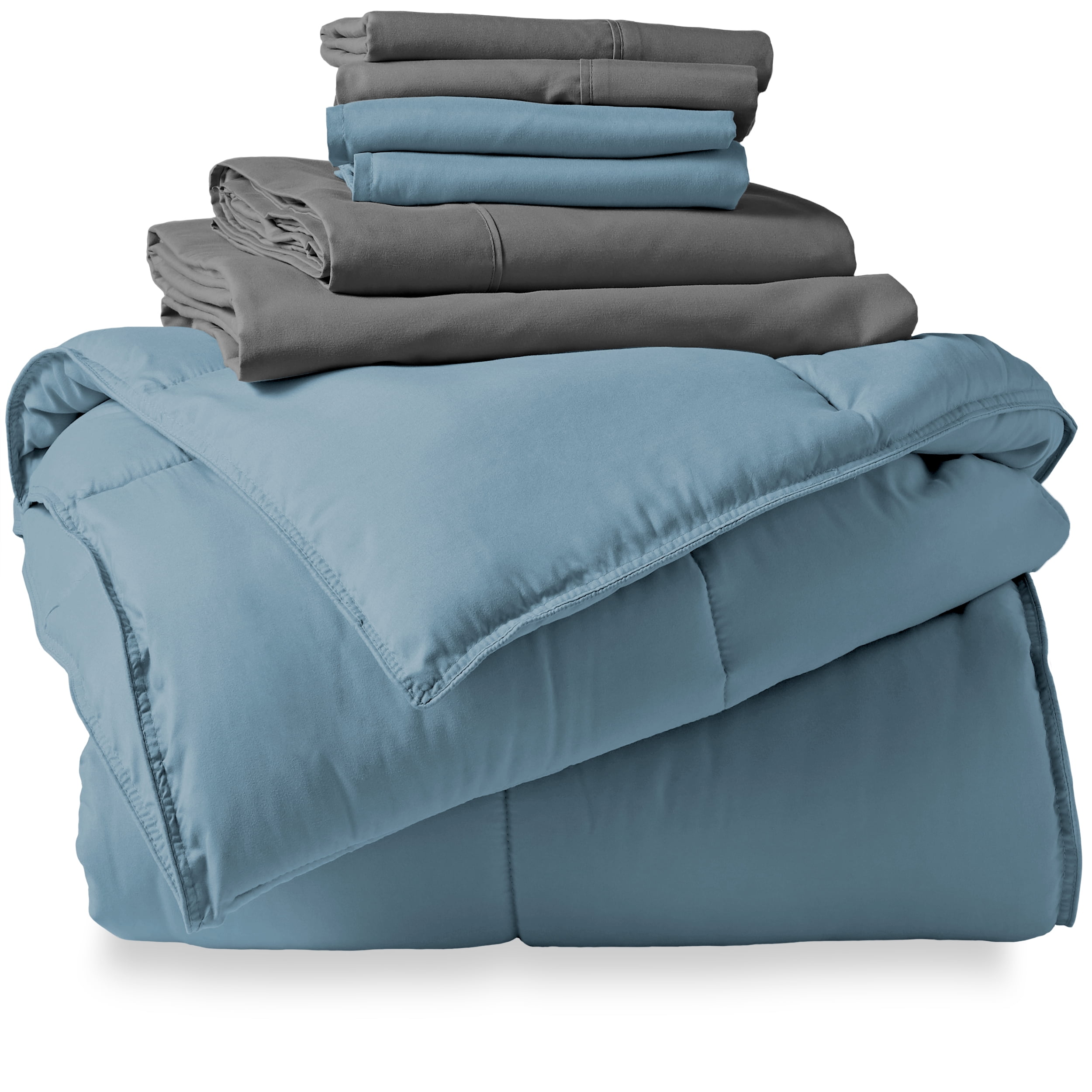 "Bare Home Blue 7 Piece Bed in a Bag Comforter Set with Sheets, Split Head Flex King"