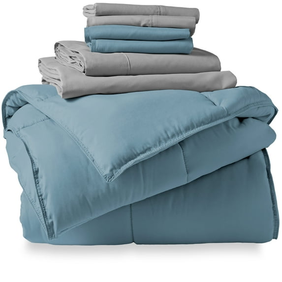 Bare Home Microfiber 7-Piece Coronet Blue and Light Gray Bed in a Bag, Full XL