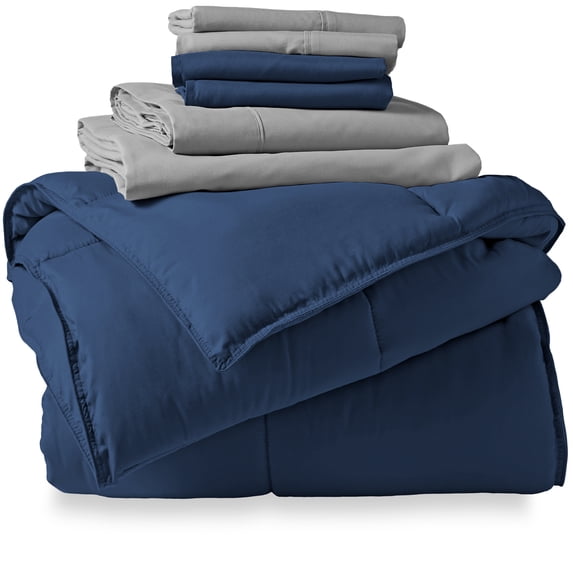 Bare Home Microfiber 7-Piece Dark Blue and Light Gray Bed in a Bag, King