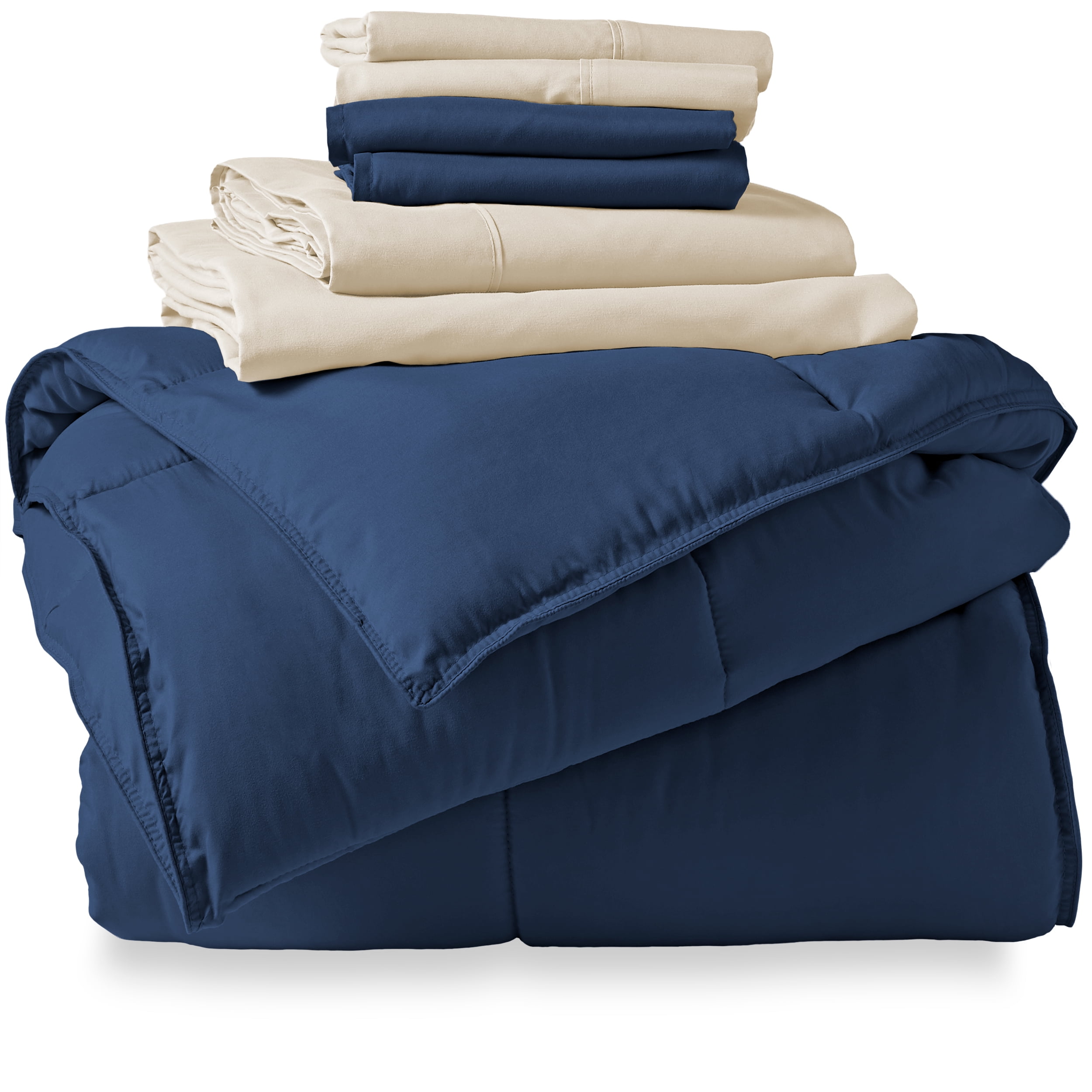 Bare Home Microfiber 7-Piece Dark Blue and Sand Bed in a Bag, Full XL