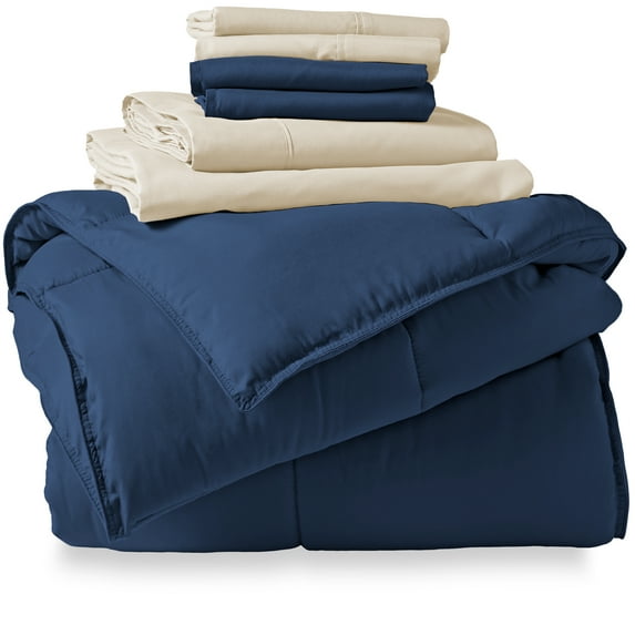 Bare Home Microfiber 7-Piece Dark Blue and Sand Bed in a Bag, King
