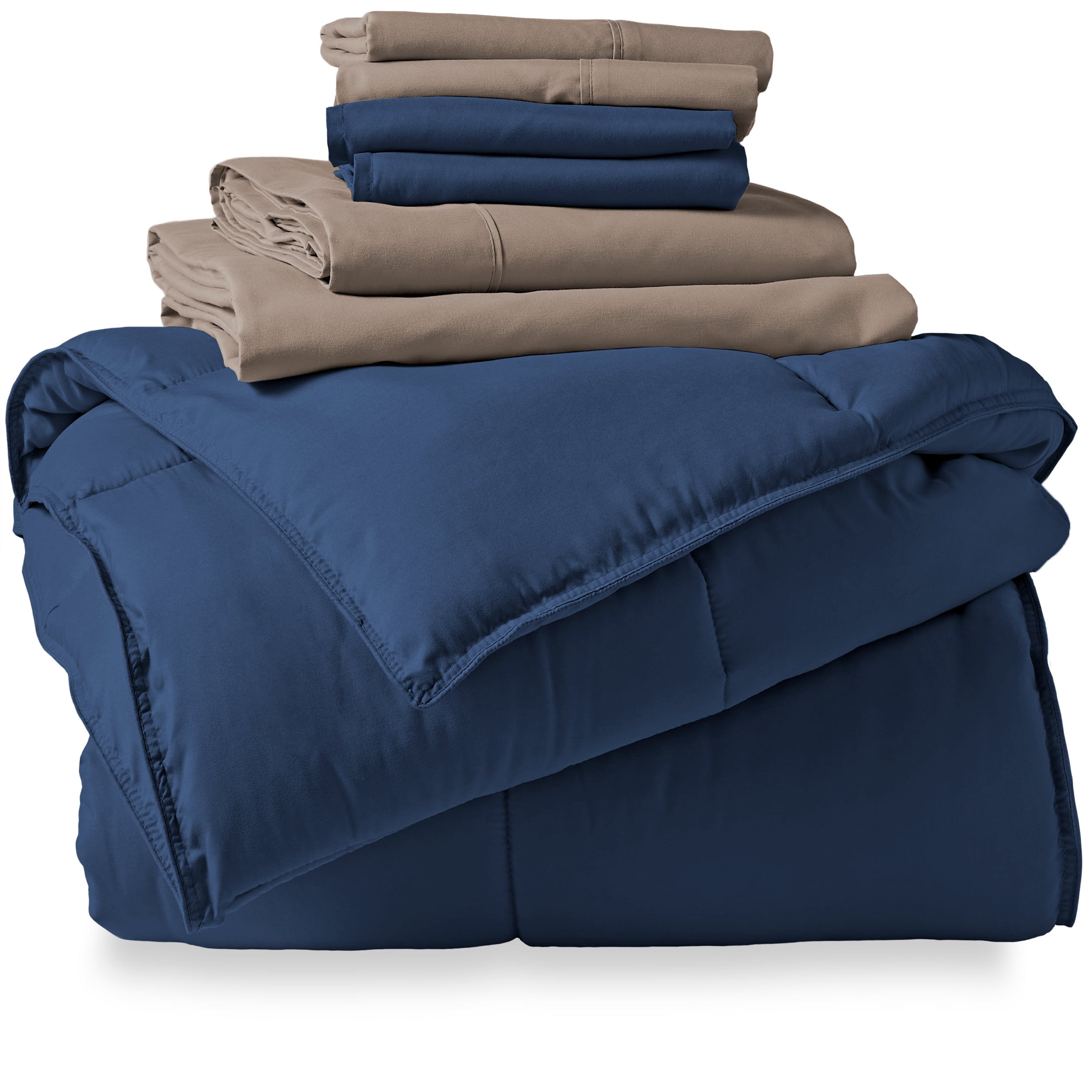 Bare Home Microfiber 7-Piece Dark Blue and Taupe Bed in a Bag, Full XL