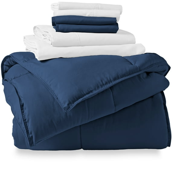 Bare Home Microfiber 7-Piece Dark Blue and White Bed in a Bag, King