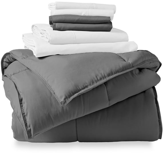 Bare Home Microfiber 7-Piece Gray and White Bed in a Bag, Full XL