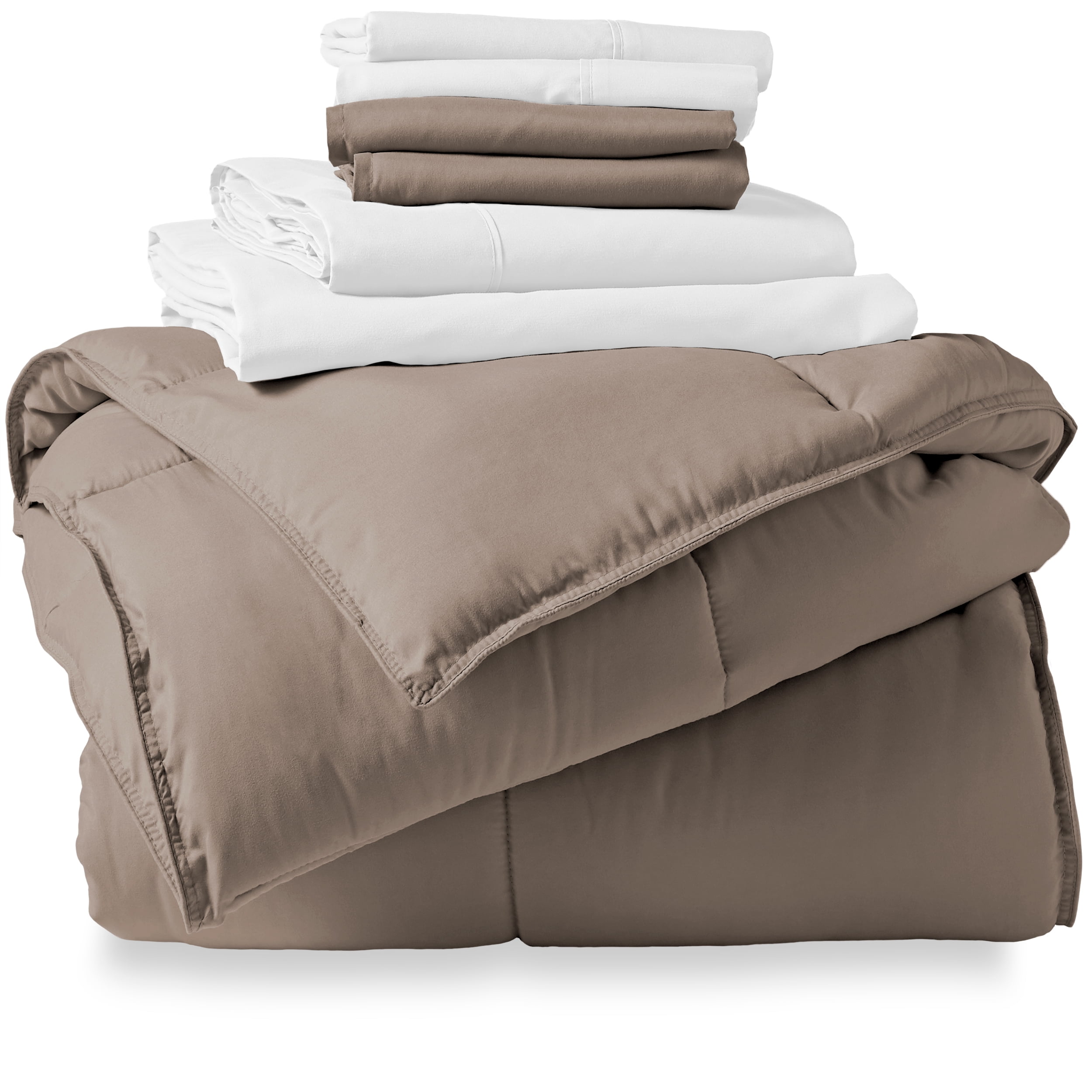 Bare Home Microfiber 7-Piece Taupe and White Bed in a Bag, Full