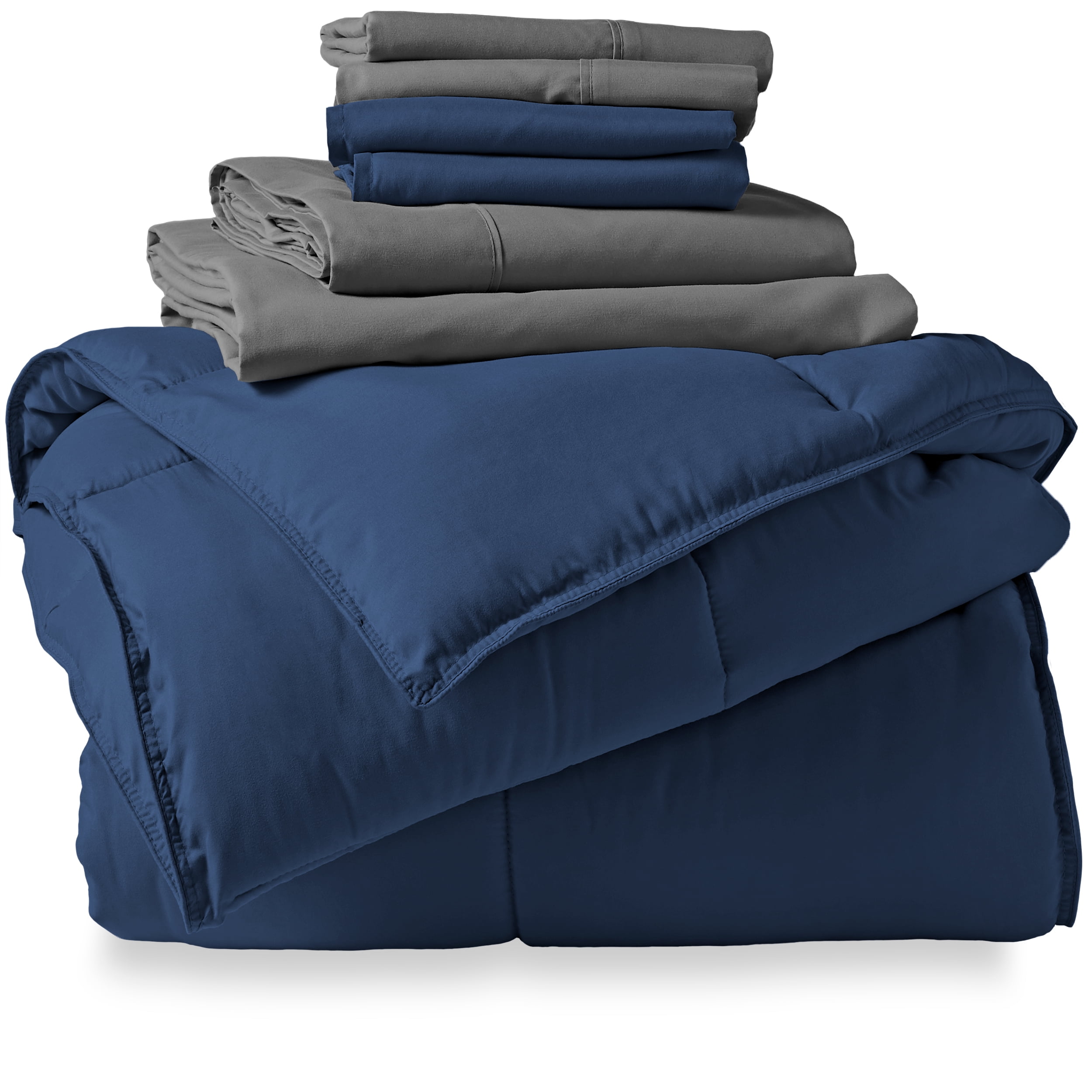 Bare Home Microfiber 8-Piece Dark Blue and Gray Bed in a Bag, Split Queen