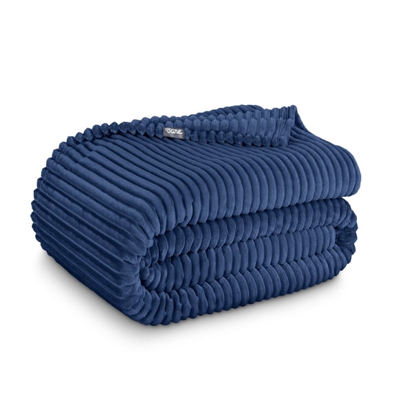 Bare Home Microplush Fleece Blanket - Ribbed Texture - Fuzzy Microfleece - Soft & Plush - Full/Queen, Dark Blue