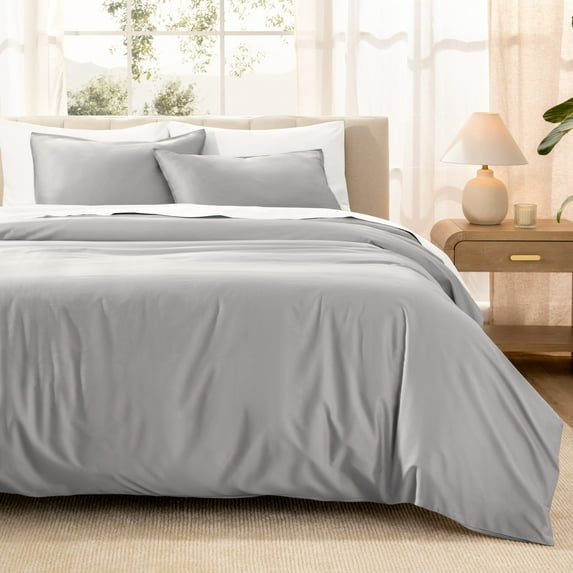 Bare Home Organic Cotton Duvet Cover Set - 400 Thread Count - Sateen Weave - Queen, Light Gray, 3-Pieces