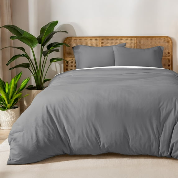 Bare Home Organic Cotton Jersey Duvet Cover Set with Pillowcases, 3-Piece, Queen, Gray
