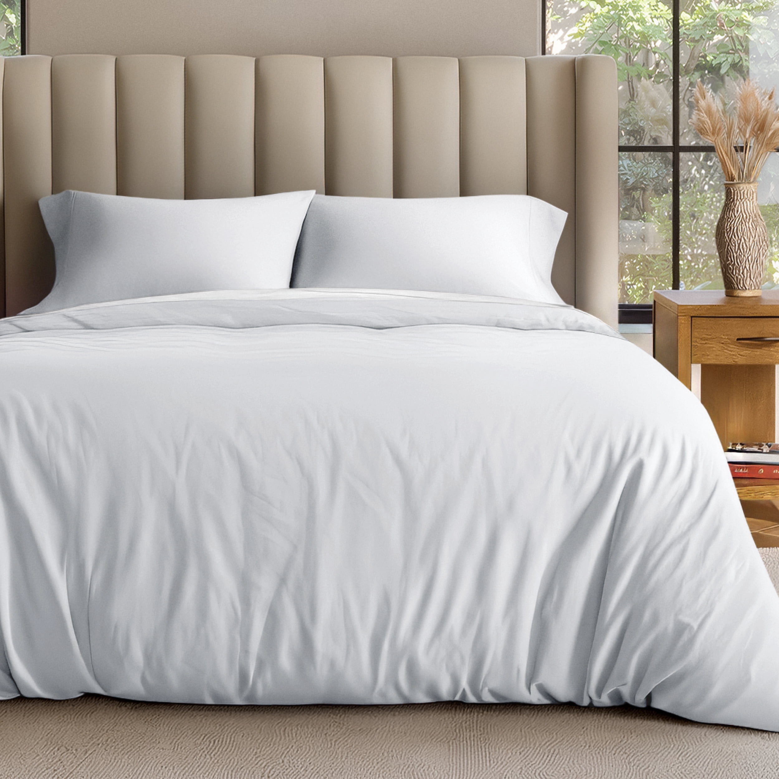 Bare Home Organic Cotton Jersey Duvet Cover Set with Pillowcases, 3-Piece, Queen, White