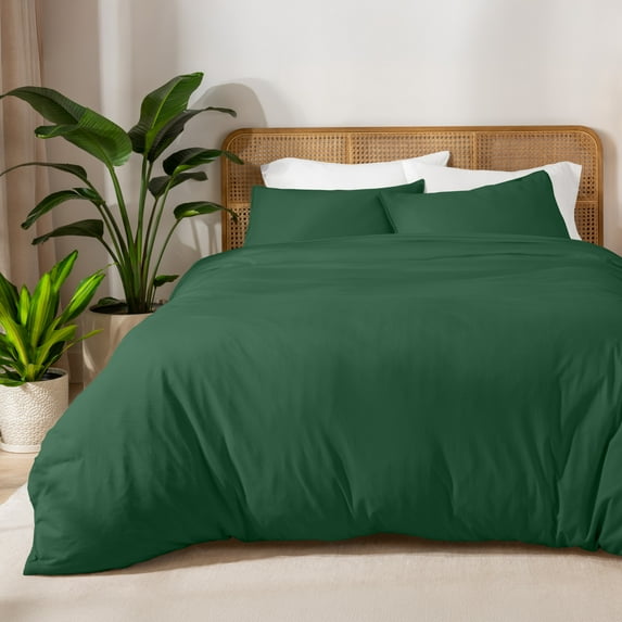 Bare Home Organic Cotton Jersey Duvet Cover Set with Shams, 3-Piece, Full/Queen, Forest Green