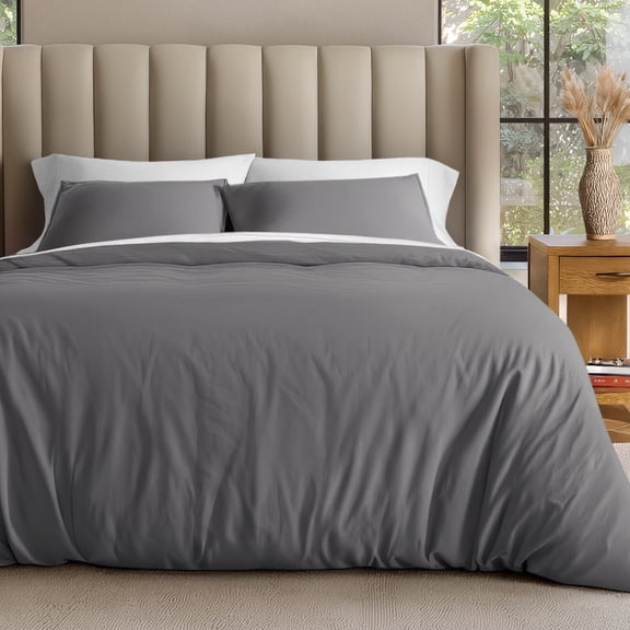 Bare Home Organic Cotton Jersey Duvet Cover Set with Shams, 3-Piece, Full/Queen, Gray