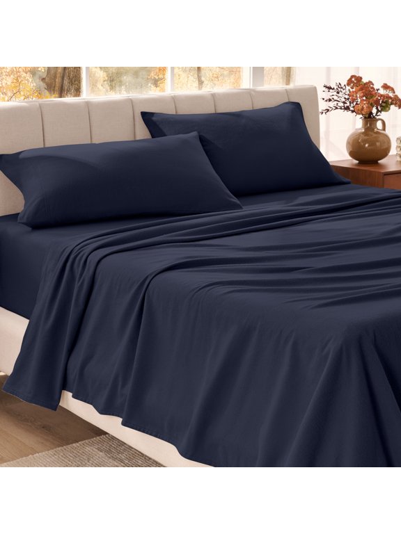 Organic Flannel Sheet Set - 100% Organic Cotton - Deep Pocket - 3-Pieces - Twin XL, Midnight Blue