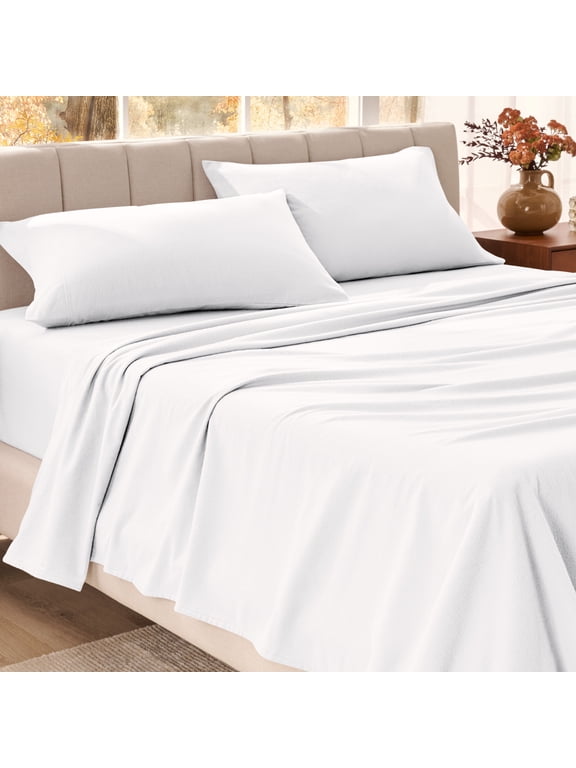 Organic Flannel Sheet Set - 100% Organic Cotton - Deep Pocket - 4-Pieces - Full, White