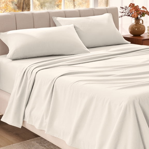 Bare Home Organic Flannel Sheet Set - 100% Organic Cotton - Deep Pocket - 4-Pieces - Queen, Cream