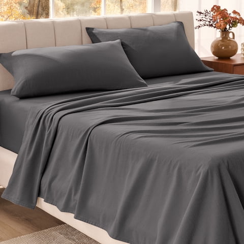 Organic Flannel Sheet Set - 100% Organic Cotton - Deep Pocket - 5-Pieces - Split King, Gray