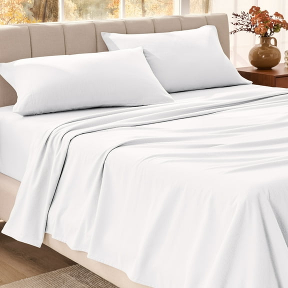 Bare Home Organic Flannel Sheet Set - 100% Organic Cotton - Deep Pocket - 5-Pieces - Split King, White
