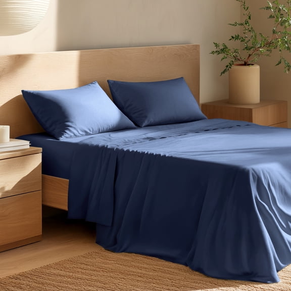 Bare Home Organic Percale Sheet Set - 100% Organic Cotton - Queen, Dark Blue