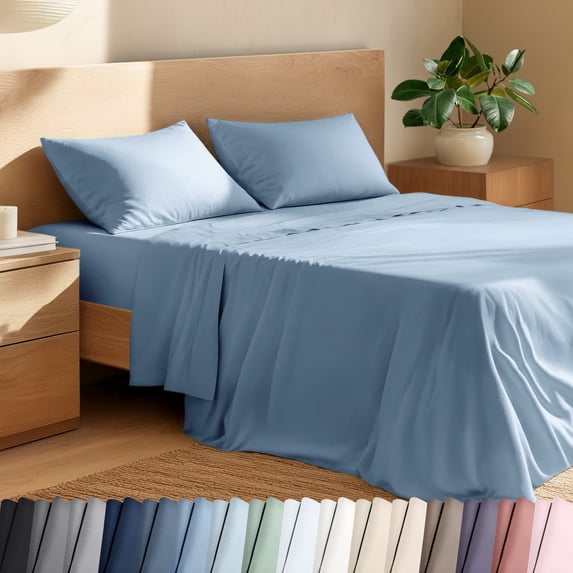 Bare Home Organic Percale Sheet Set - 100% Organic Cotton - Queen, Dusty Blue