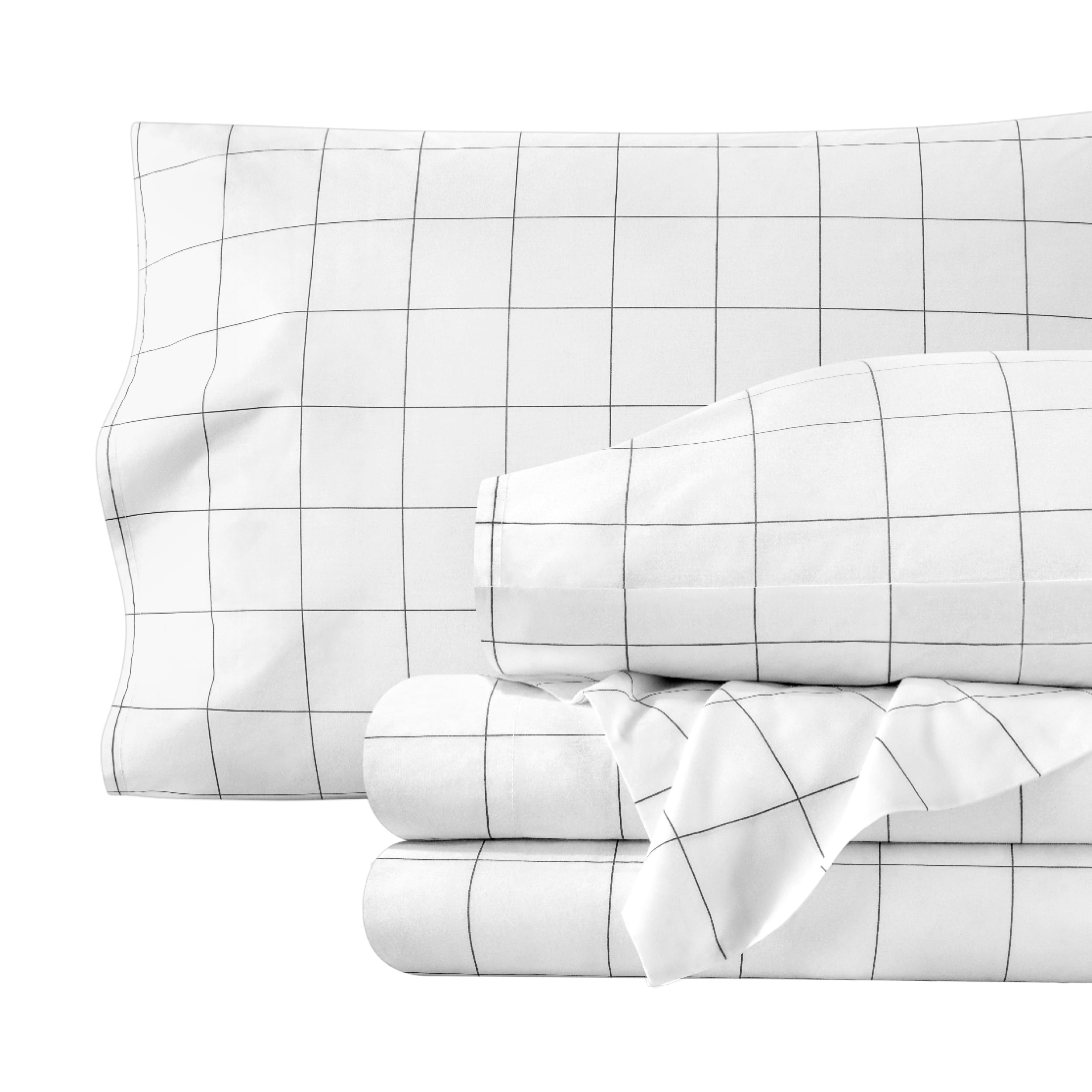 Twin XL White Organic Cotton Percale Sheet Set with Grid Pattern