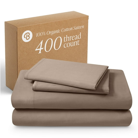 Bare Home Organic Sateen Sheet Set - 400 Thread Count - 100% Organic Cotton - 3 Piece - Twin XL, Taupe