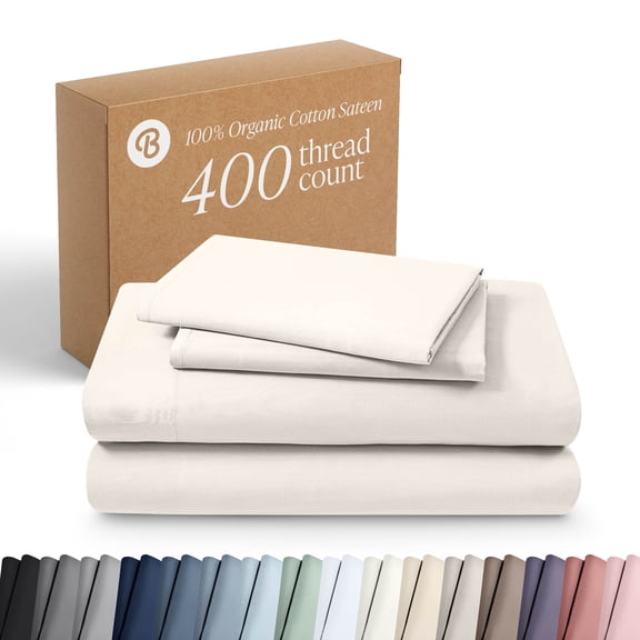 Bare Home Organic Sateen Sheet Set - 400 Thread Count - 100% Organic Cotton - 4 Piece - Queen, Cream