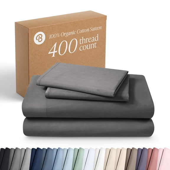 Bare Home Organic Sateen Sheet Set - 400 Thread Count - 100% Organic Cotton - 4 Piece - Queen, Gray