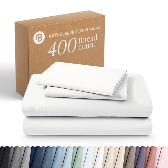 Bare Home Organic Sateen Sheet Set - 400 Thread Count - 100% Organic Cotton - 4 Piece - Queen, White
