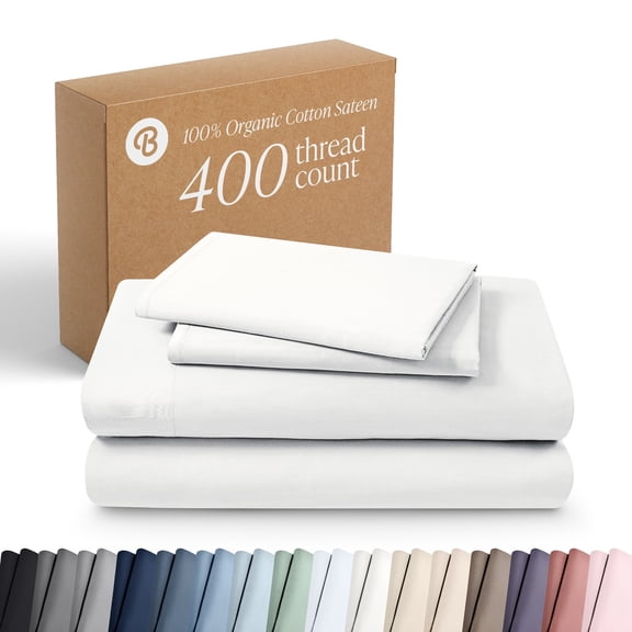 Bare Home Organic Sateen Sheet Set - 400 Thread Count - 100% Organic Cotton - 4 Piece - Queen, White