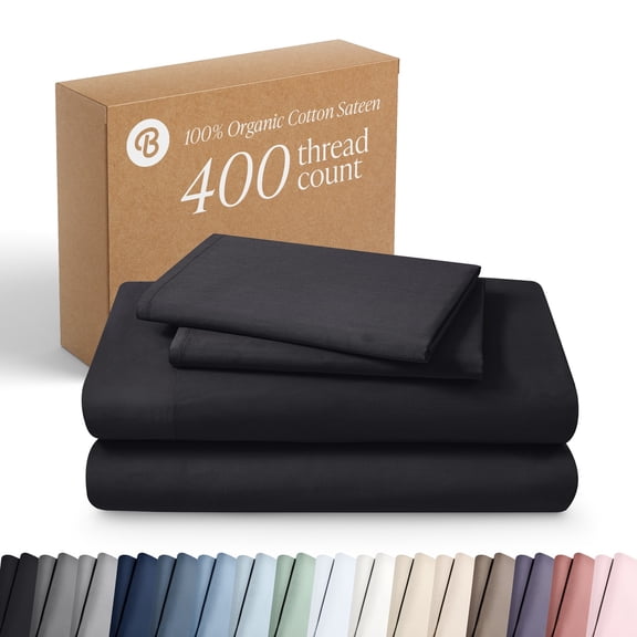 Bare Home Organic Sateen Sheet Set - 400 Thread Count - 100% Organic Cotton - 4 Piece - Split Head Flex King, Black